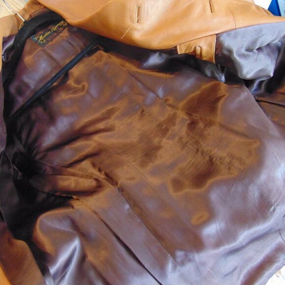VINTAGE MARTIN BERNARD Camel Leather & Silk Jacket 6 Pockets Buckle Belt M/L - Picture 12 of 16